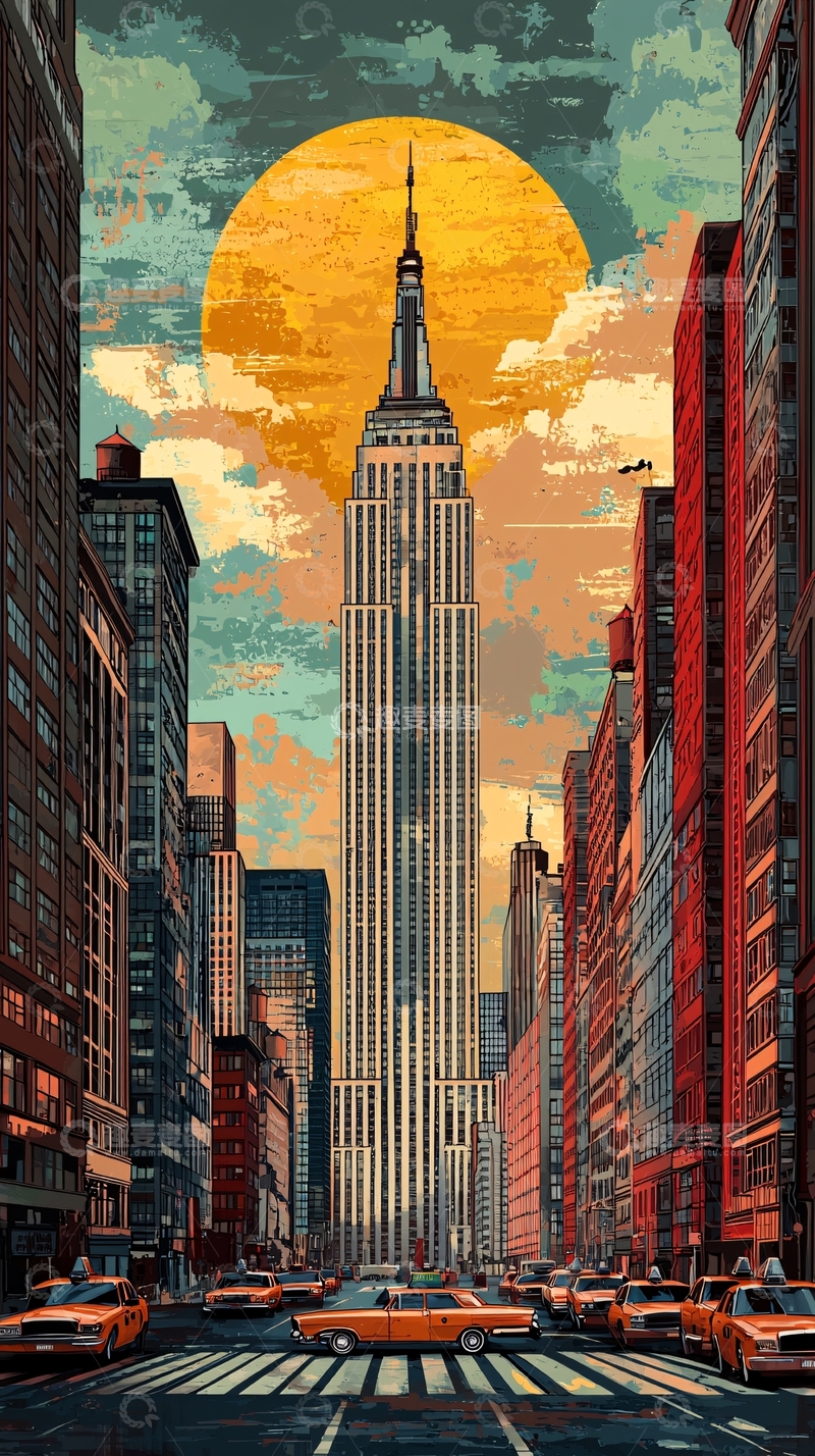 高清大图下载【趣麦麦图】纽约帝国大厦日落