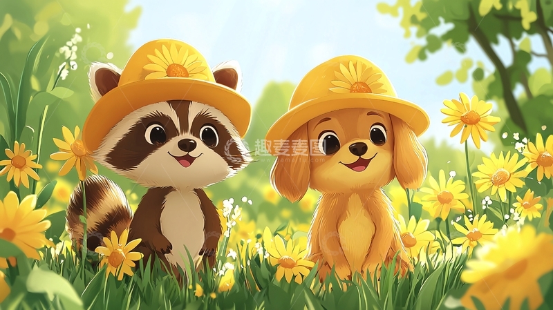 高清大图下载【趣麦麦图】戴帽浣熊和狗狗