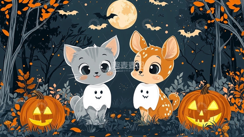 高清大图下载【趣麦麦图】卡通小猫小鹿万圣节