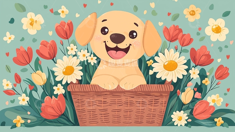 高清大图下载【趣麦麦图】可爱金毛犬花篮