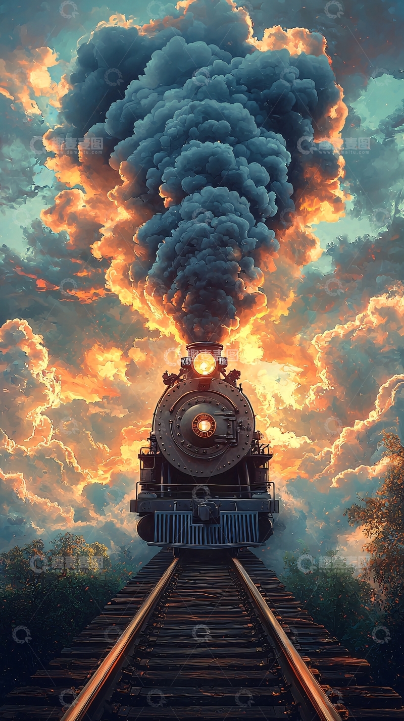 高清大图下载【趣麦麦图】蒸汽火车日落云彩