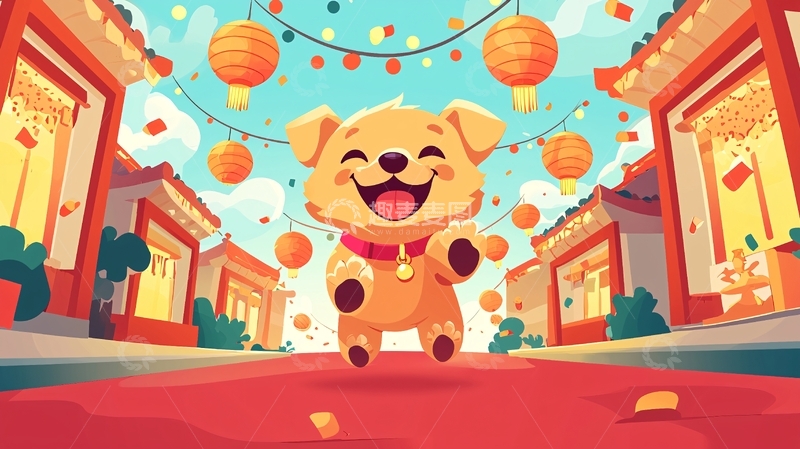 高清大图下载【趣麦麦图】小狗迎新春喜庆街道