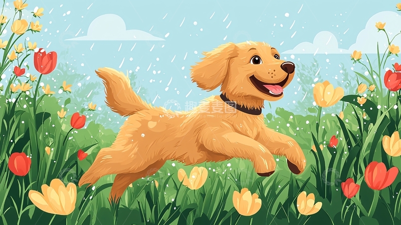 高清大图下载【趣麦麦图】金毛幼犬在花丛中奔跑