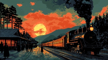 夕阳西下火车站场景