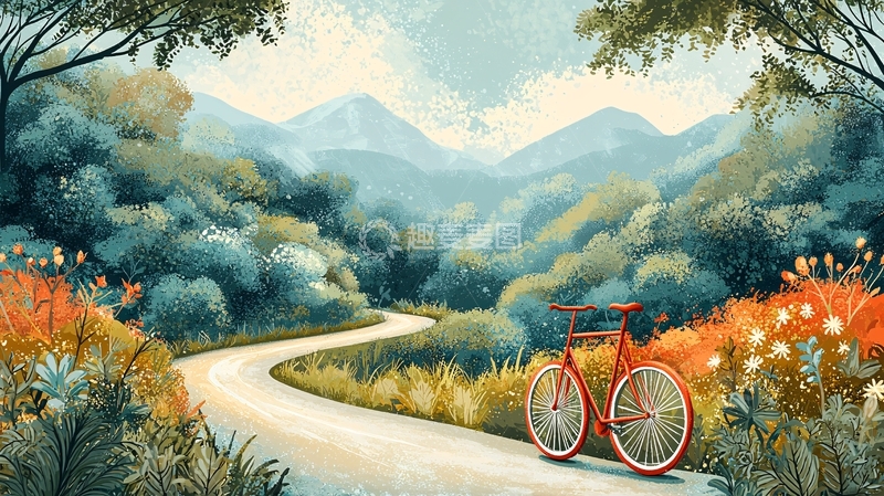 高清大图下载【趣麦麦图】山路自行车风景画