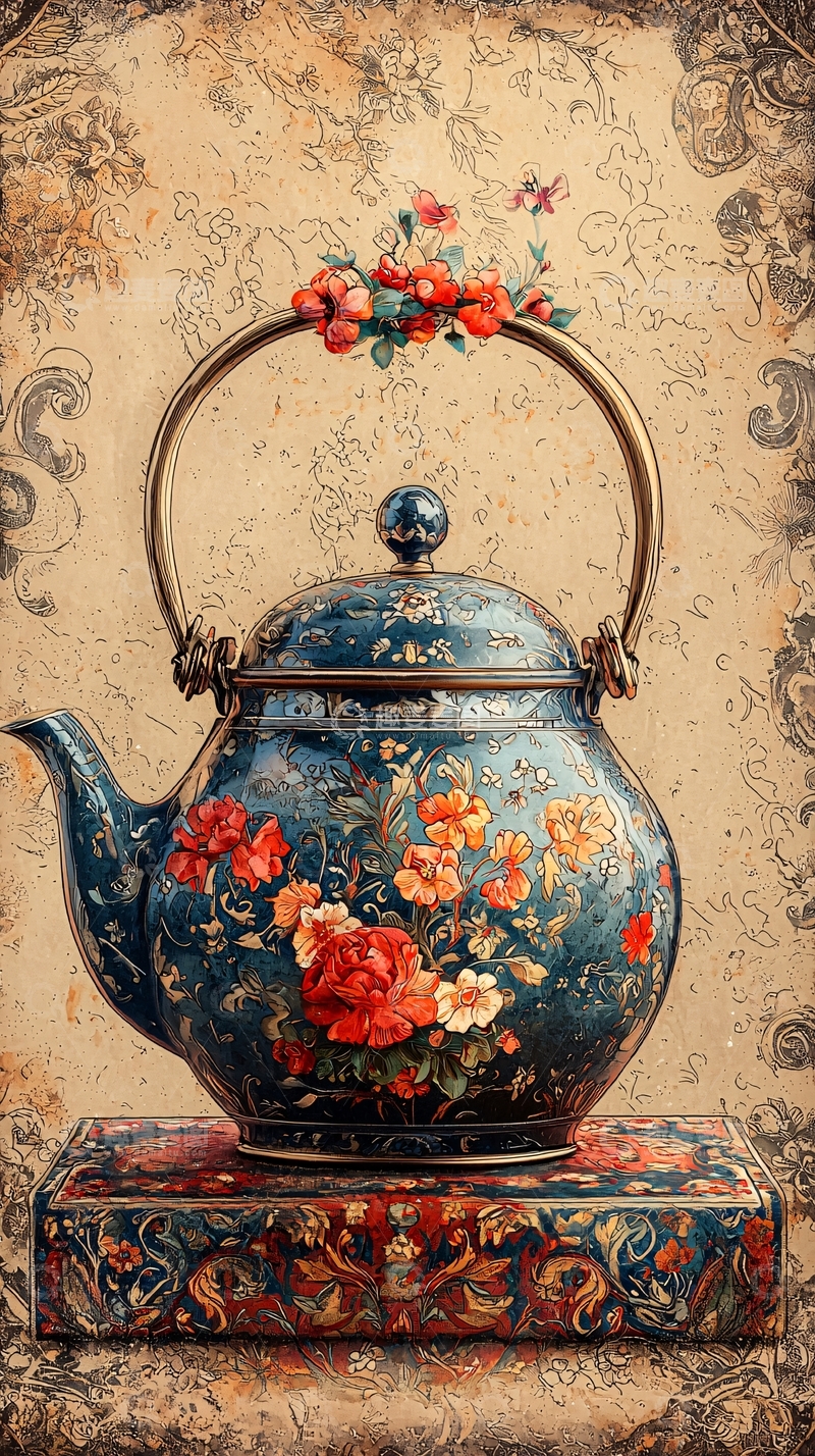高清大图下载【趣麦麦图】复古花卉茶壶