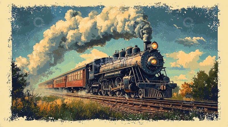高清大图下载【趣麦麦图】复古蒸汽火车风景画