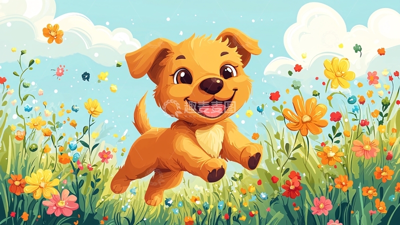 高清大图下载【趣麦麦图】小狗在花丛中奔跑