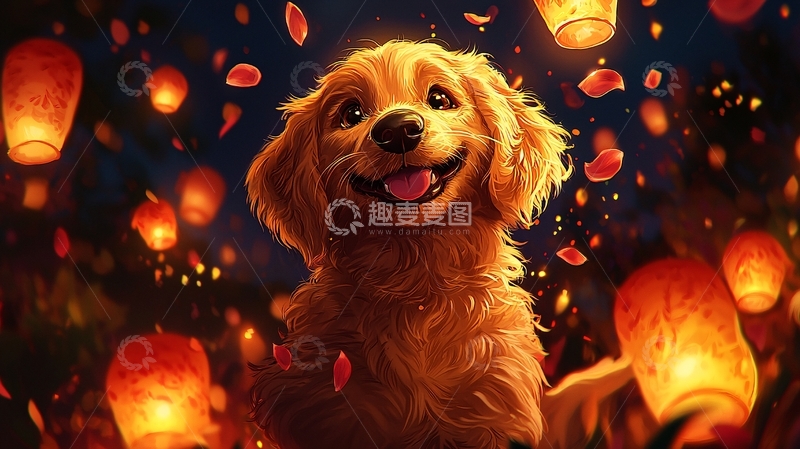 高清大图下载【趣麦麦图】金毛幼犬星空灯笼