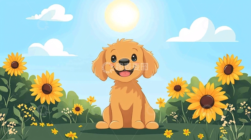 高清大图下载【趣麦麦图】向日葵田里的小金毛