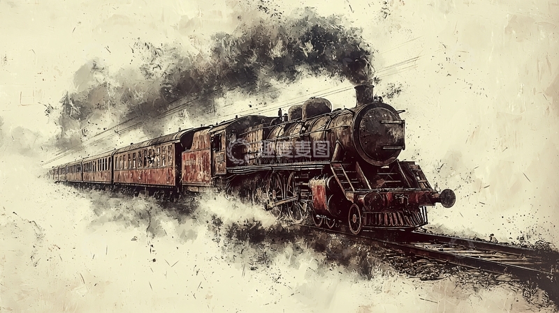 高清大图下载【趣麦麦图】蒸汽火车水墨画