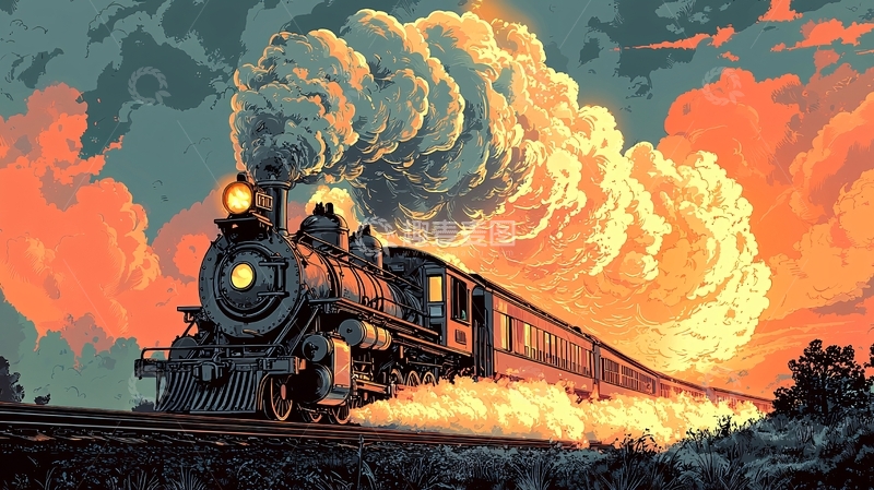 高清大图下载【趣麦麦图】蒸汽火车夕阳剪影