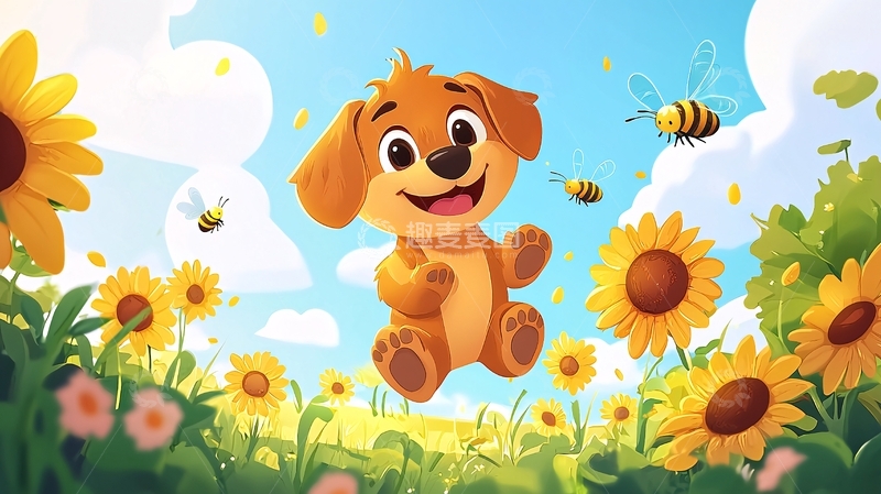 高清大图下载【趣麦麦图】小狗在向日葵花田里飞翔
