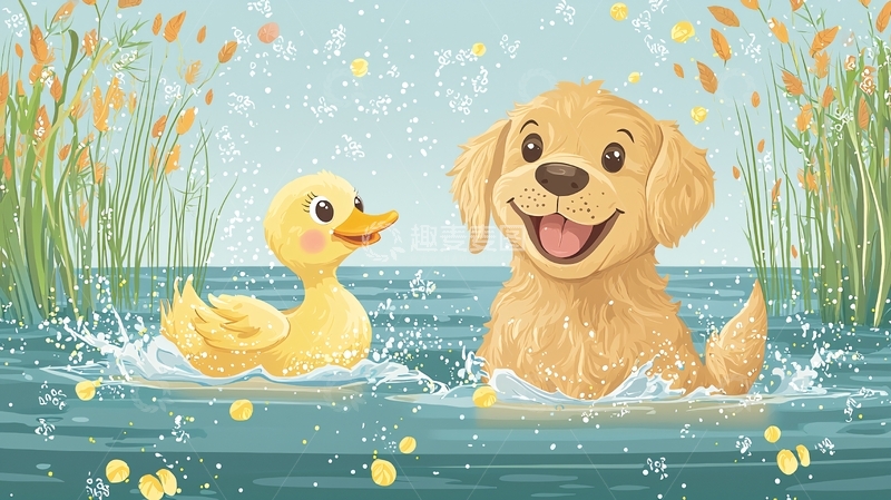 高清大图下载【趣麦麦图】狗狗和鸭子玩水