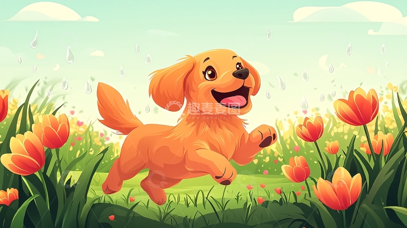 高清大图下载【趣麦麦图】可爱金毛幼犬奔跑在郁金香花田