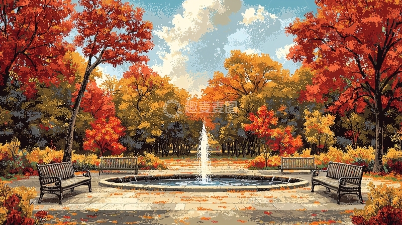高清大图下载【趣麦麦图】秋日公园喷泉景色