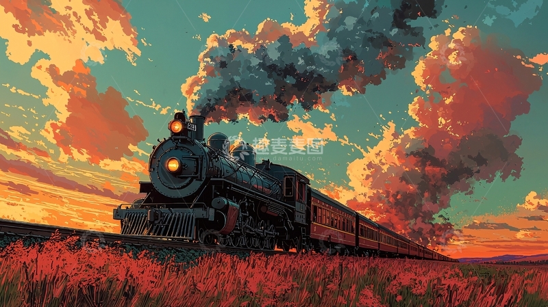 高清大图下载【趣麦麦图】蒸汽火车夕阳下的田野