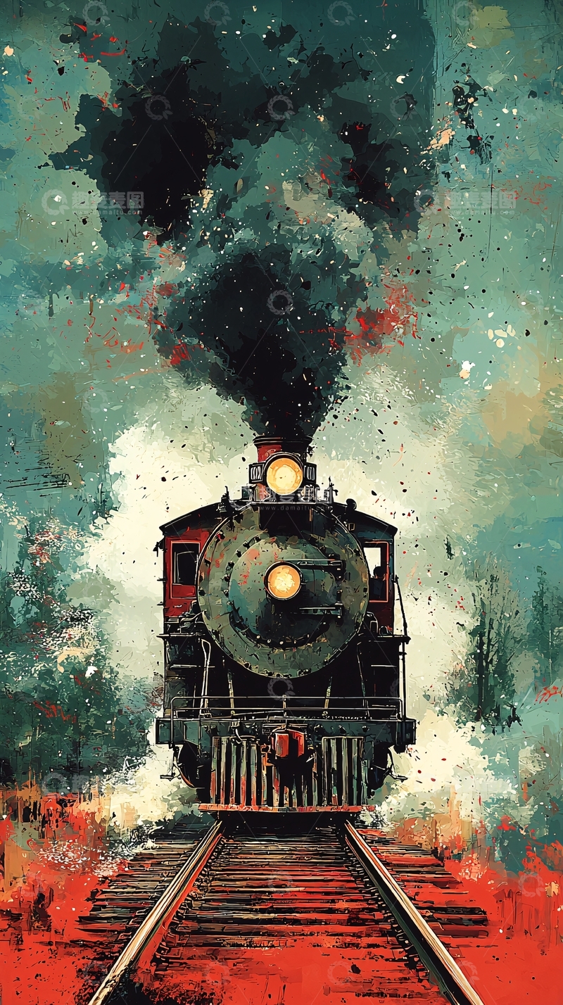 高清大图下载【趣麦麦图】蒸汽火车行驶在铁轨上