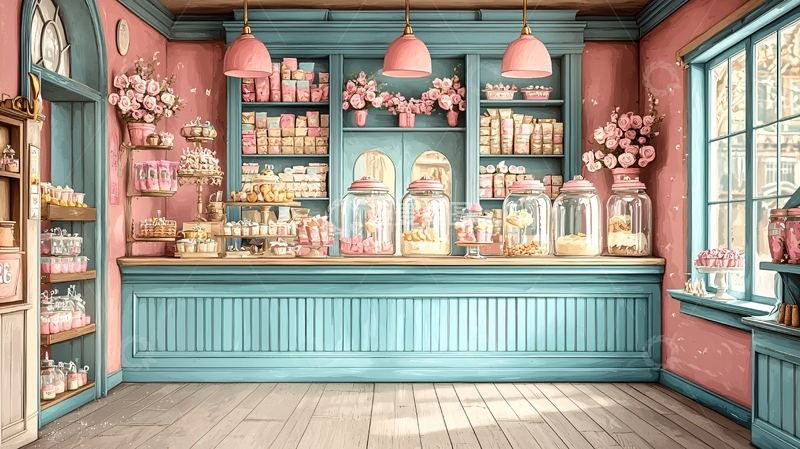 高清大图下载【趣麦麦图】复古粉色糖果店背景