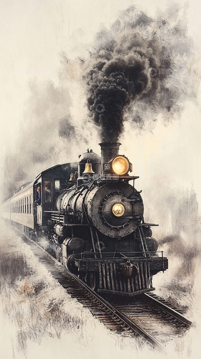 高清大图下载【趣麦麦图】蒸汽火车行驶在铁轨上