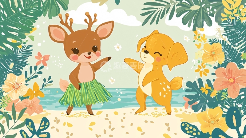 高清大图下载【趣麦麦图】卡通小鹿和小狗沙滩跳舞