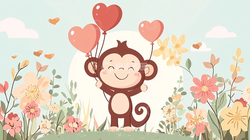高清大图下载【趣麦麦图】可爱猴子爱心气球