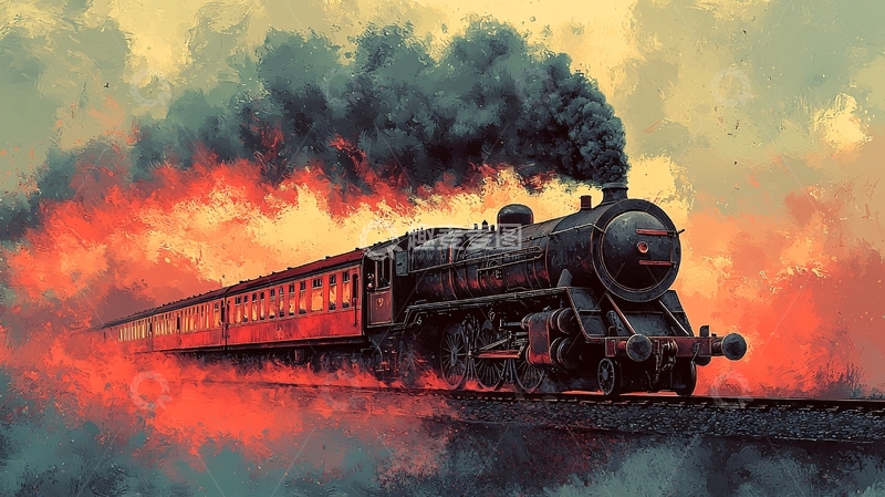 高清大图下载【趣麦麦图】蒸汽火车行驶在火红天空下