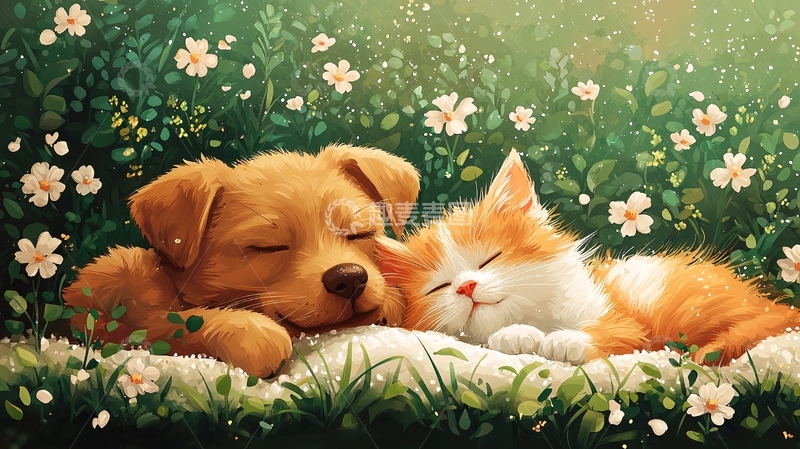 高清大图下载【趣麦麦图】小狗小猫依偎而眠