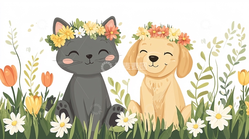 高清大图下载【趣麦麦图】可爱猫咪狗狗花环
