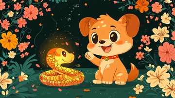 小狗和小蛇的卡通插画