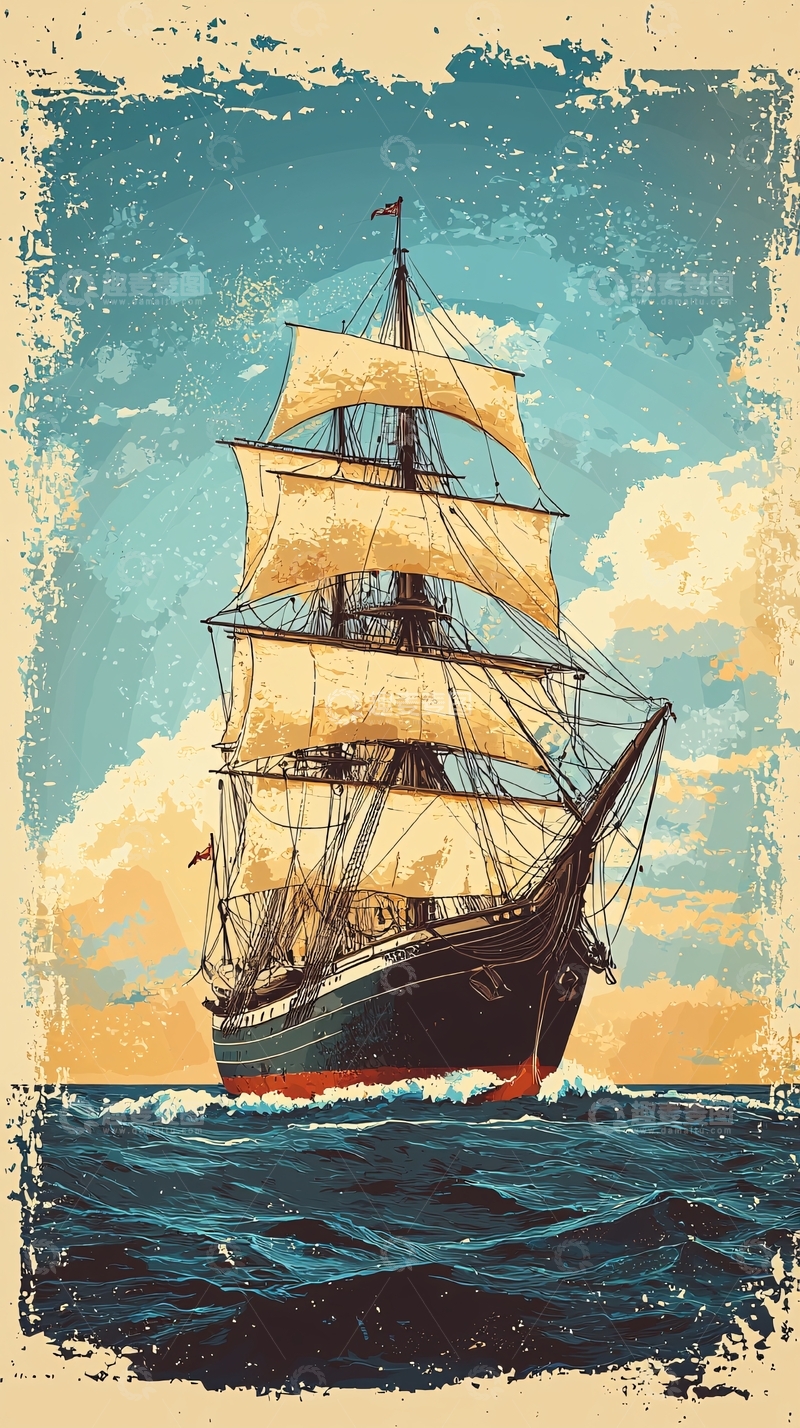 高清大图下载【趣麦麦图】复古帆船大海航行