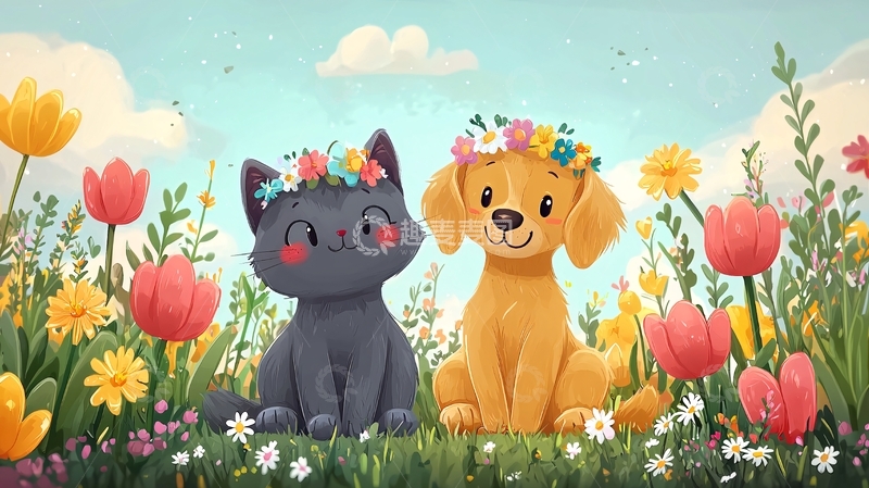 高清大图下载【趣麦麦图】戴花环的小猫小狗