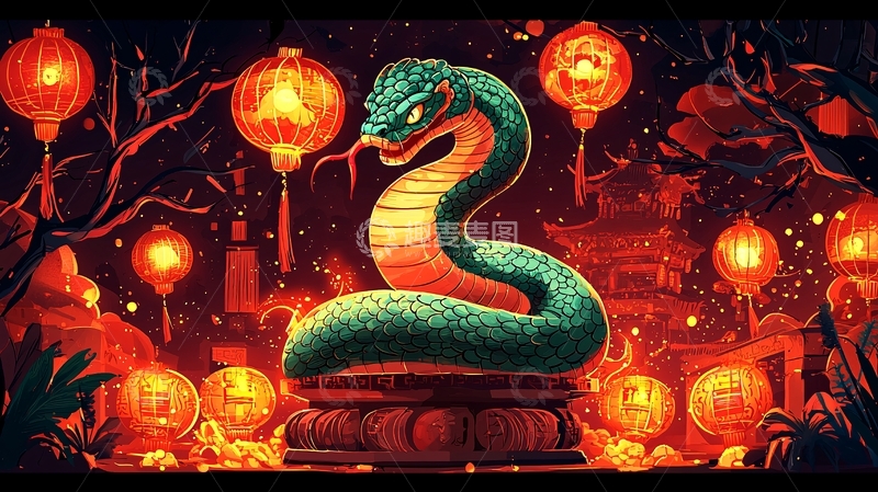 高清大图下载【趣麦麦图】灯笼环绕的绿蛇