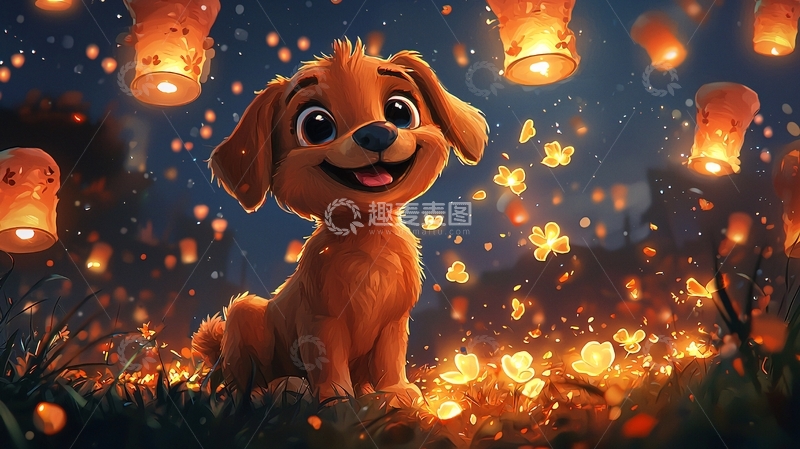 高清大图下载【趣麦麦图】小狗与灯笼梦幻场景