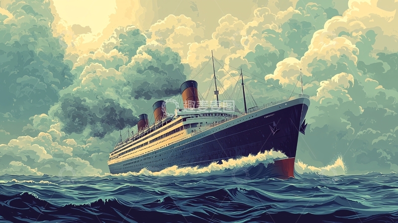 高清大图下载【趣麦麦图】复古邮轮航行在云层下