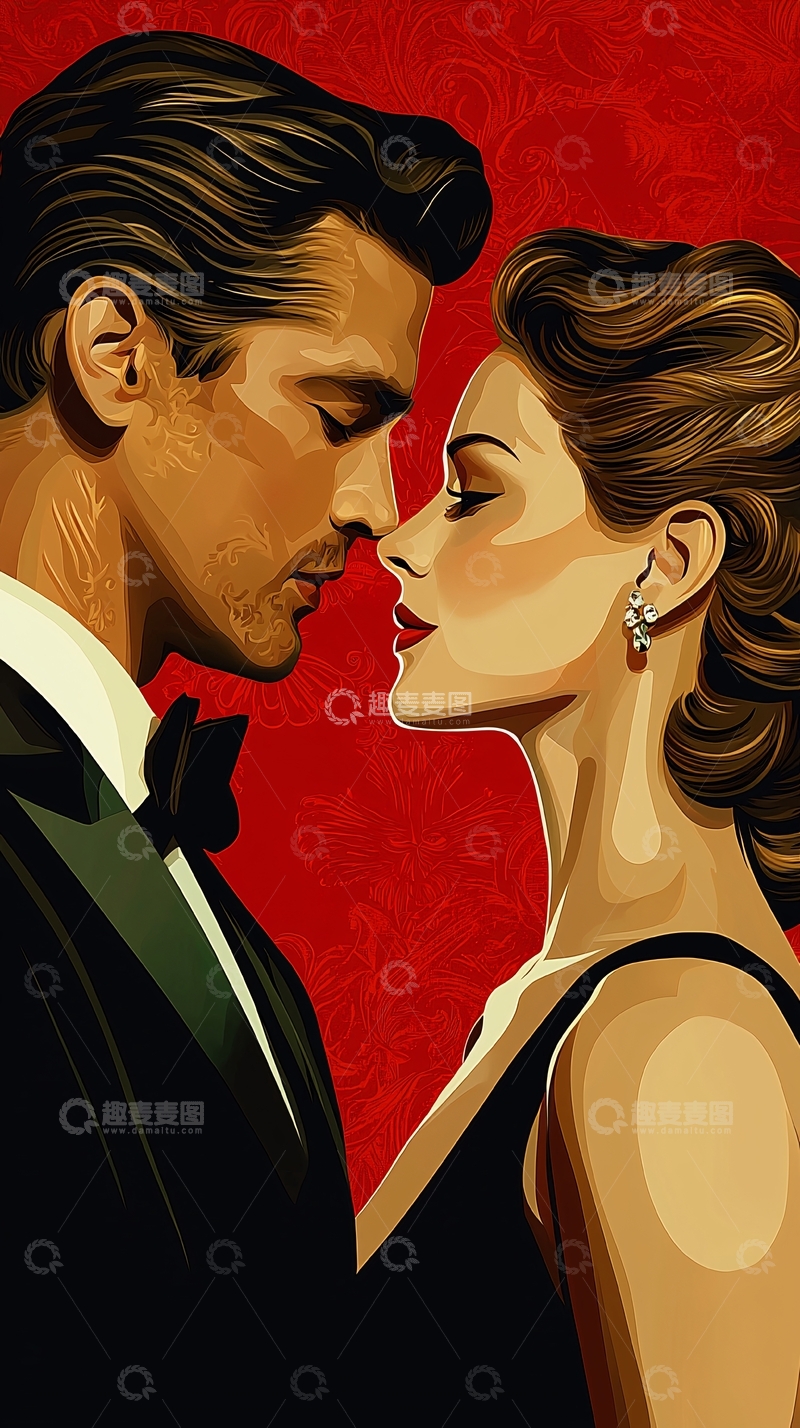 高清大图下载【趣麦麦图】复古浪漫情侣插画