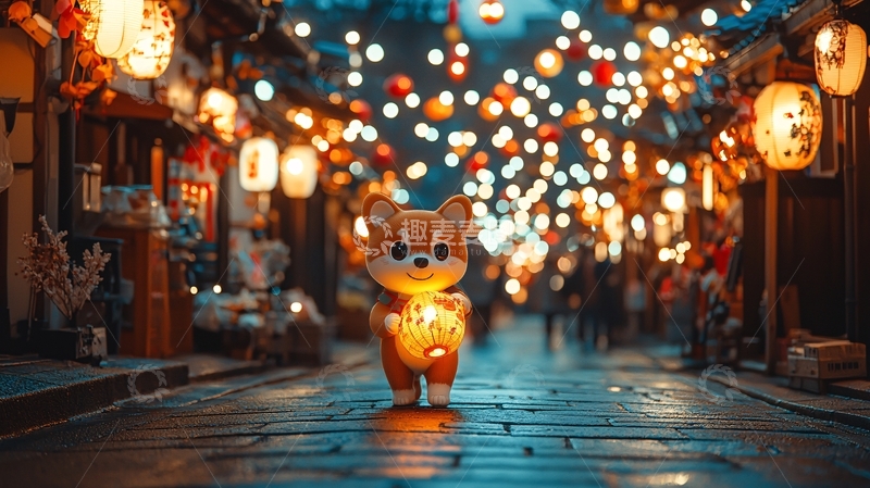 高清大图下载【趣麦麦图】小狗提灯夜间小巷