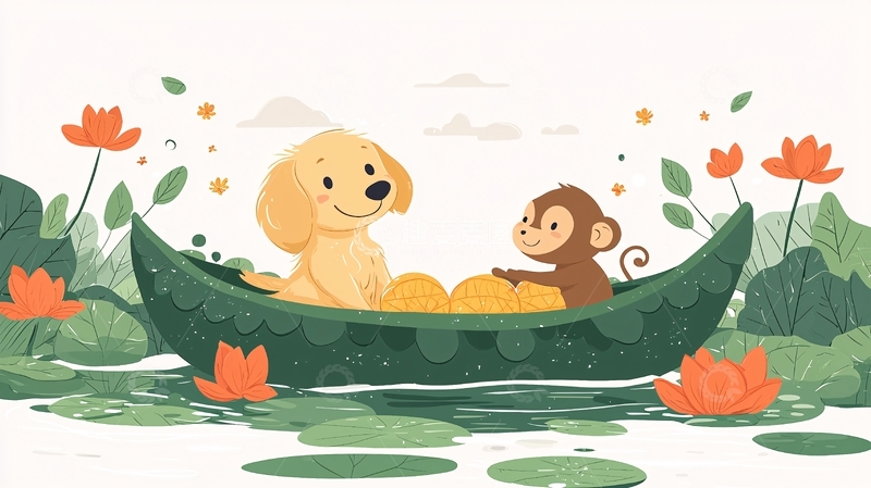 高清大图下载【趣麦麦图】狗狗和猴子乘船