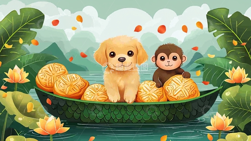 高清大图下载【趣麦麦图】狗狗和猴子坐船