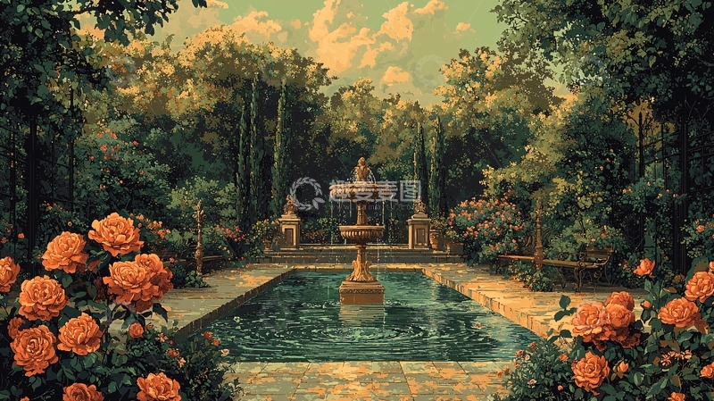 高清大图下载【趣麦麦图】花园喷泉玫瑰花