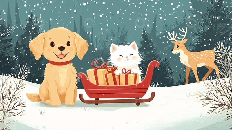 高清大图下载【趣麦麦图】圣诞狗狗猫咪驯鹿雪橇