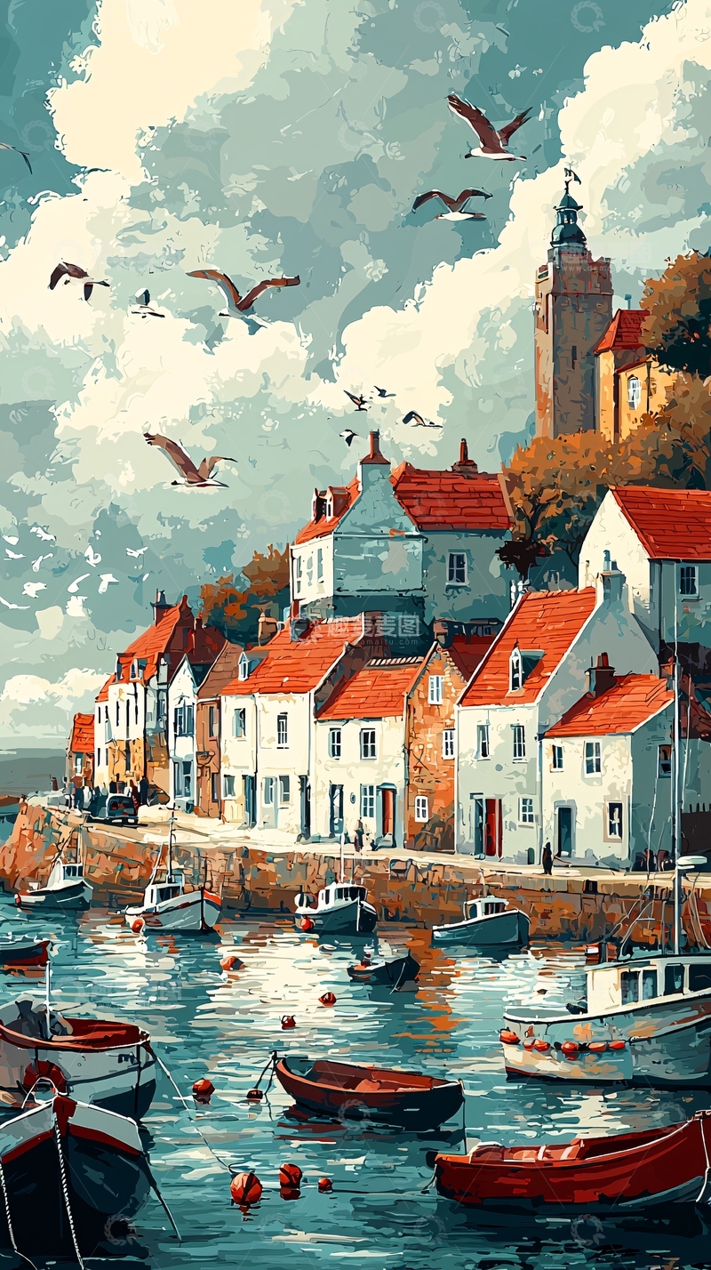 高清大图下载【趣麦麦图】海边小镇风景画