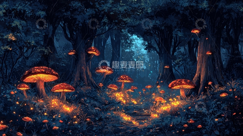 高清大图下载【趣麦麦图】暗夜森林发光蘑菇