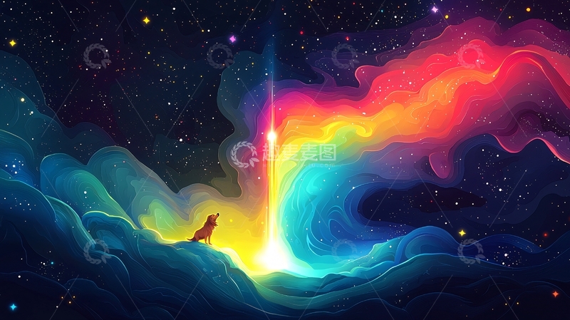 高清大图下载【趣麦麦图】星空下的彩虹狼