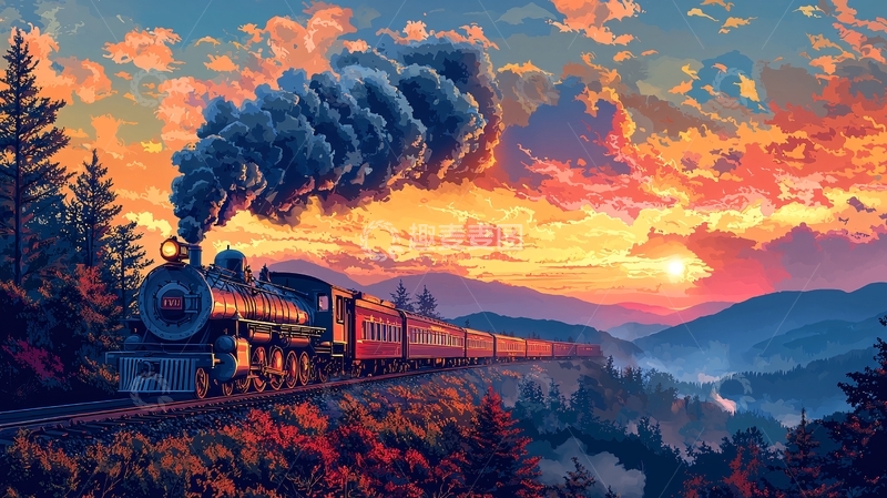 高清大图下载【趣麦麦图】夕阳下蒸汽火车穿越山峦