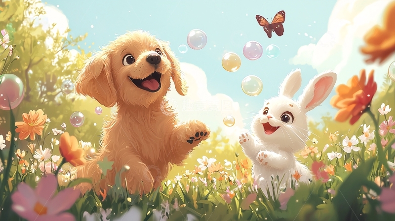 高清大图下载【趣麦麦图】欢快的小狗和兔子在花丛中