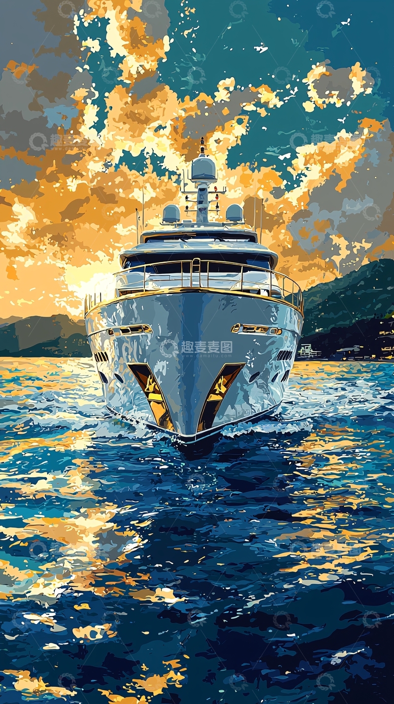 高清大图下载【趣麦麦图】夕阳下豪华游艇海上航行