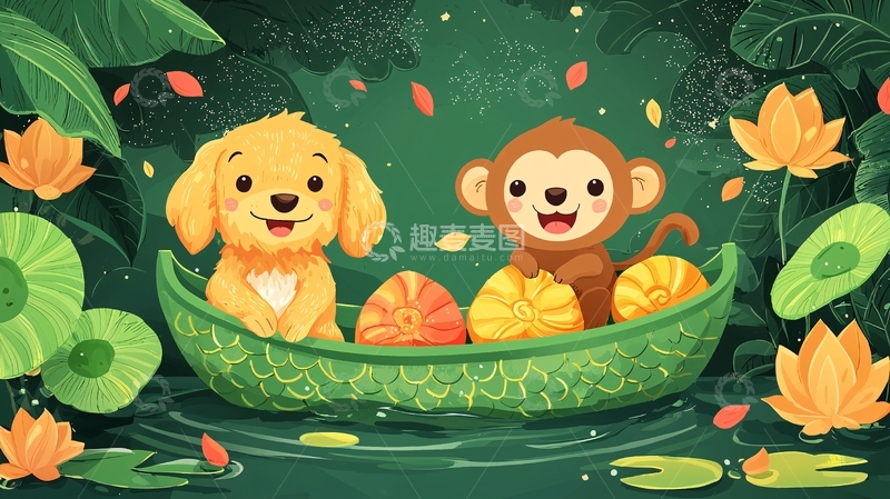 高清大图下载【趣麦麦图】小狗猴子乘莲叶船