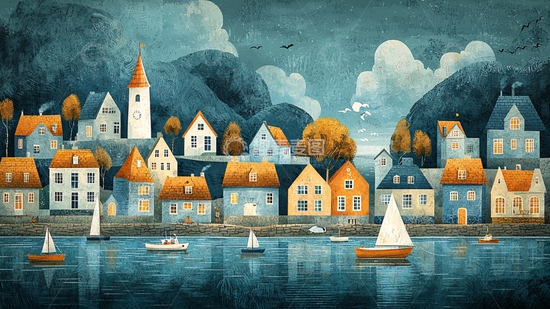 高清大图下载【趣麦麦图】极简风格海边小镇