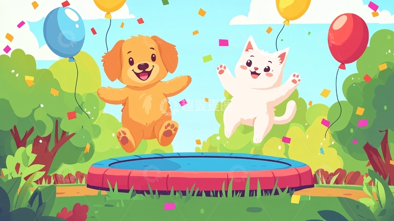 高清大图下载【趣麦麦图】狗狗猫咪蹦床派对
